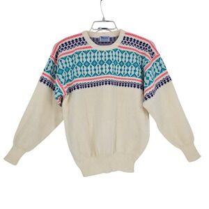 Meister‎ Vintage 70s Nordic Fair Isle Sweater M Cream Teal Wool Blend Apres Ski